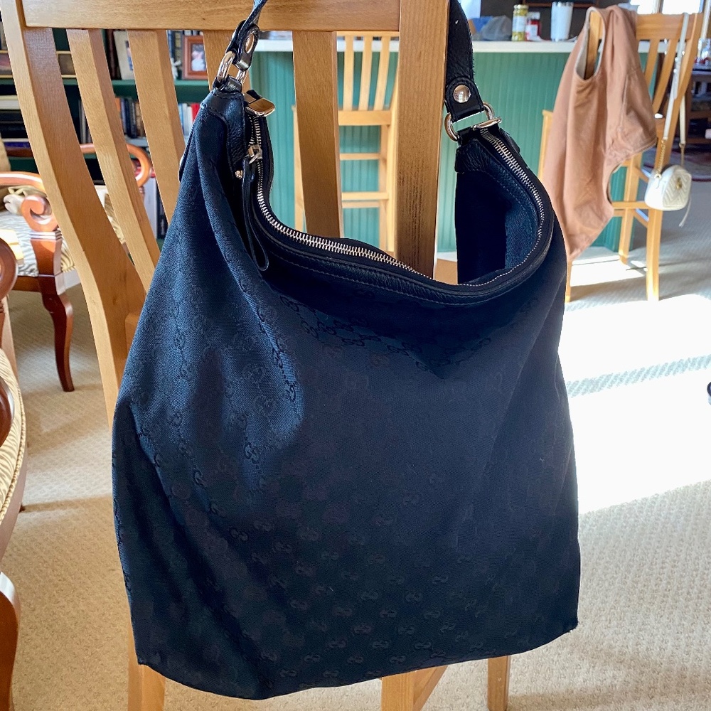 GUCCI MONOGRAM HORSEBIT HOBO Handbag Black Monogram Canvas/Silver Hardware